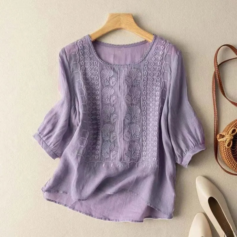 Women's Embroidered Puff Sleeve Blouse