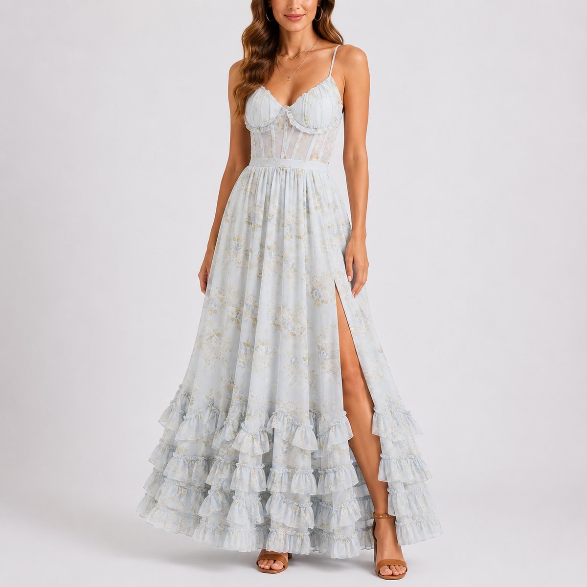 Women's Floral Corset Ruffled Maxi Wedding Guest Dress