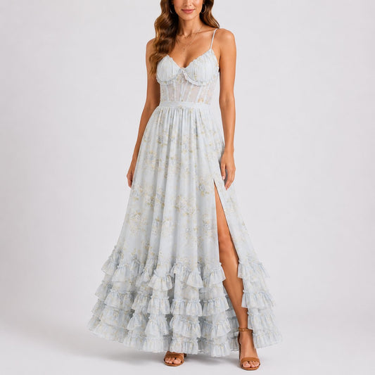 Women's Floral Corset Ruffled Maxi Wedding Guest Dress