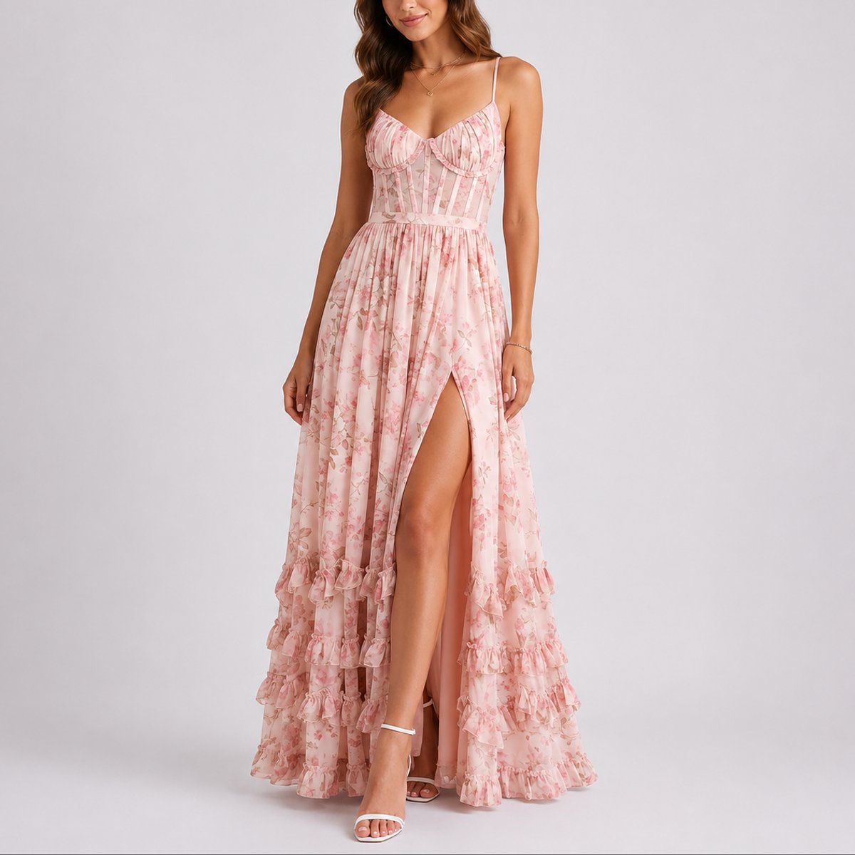 Women's Floral Corset Ruffled Maxi Wedding Guest Dress