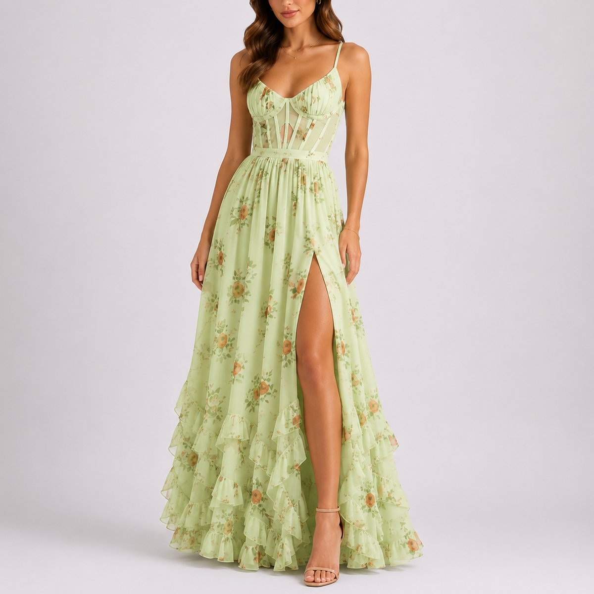 Women's Floral Corset Ruffled Maxi Wedding Guest Dress
