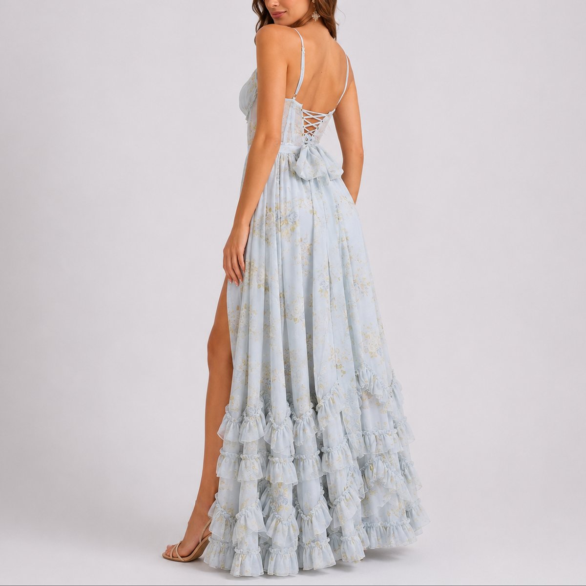 Women's Floral Corset Ruffled Maxi Wedding Guest Dress