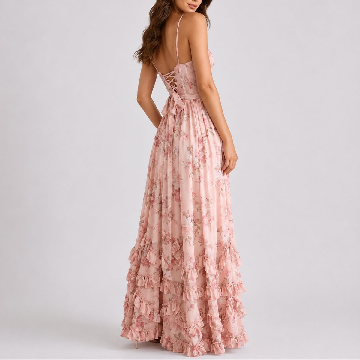 Women's Floral Corset Ruffled Maxi Wedding Guest Dress