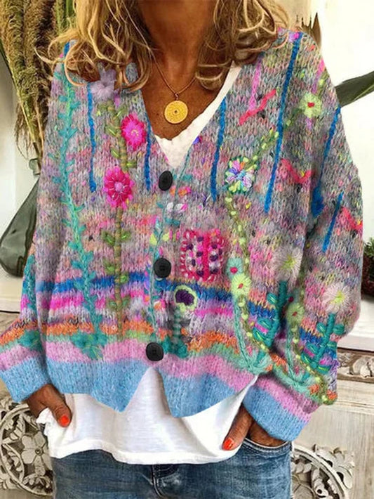 Women's Floral Embroidered Button-Front Cardigan