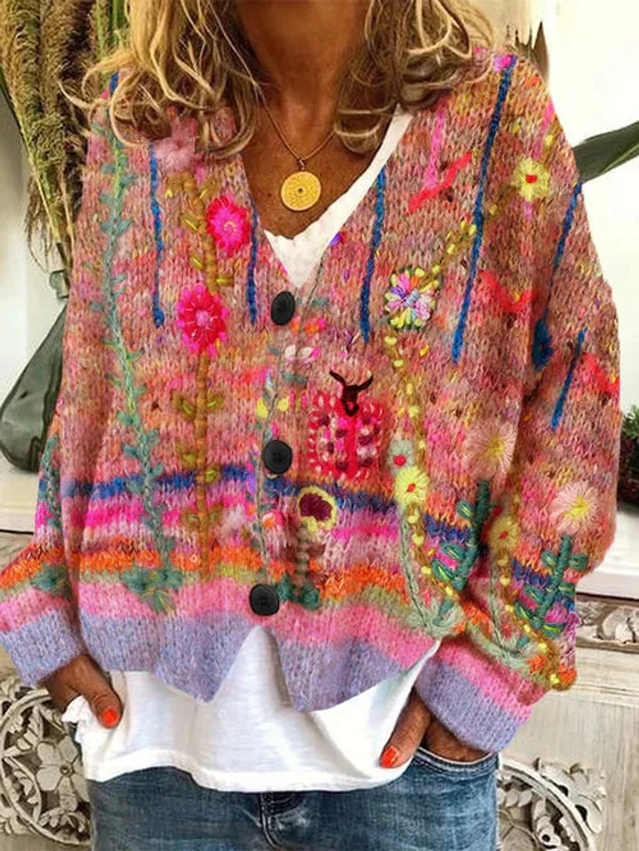 Women's Floral Embroidered Button-Front Cardigan
