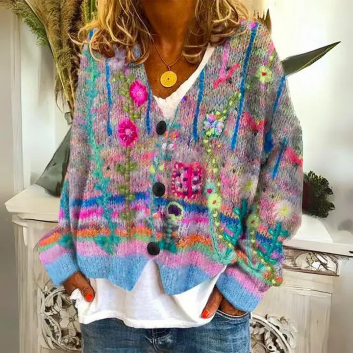Women's Floral Pattern Button Cardigan Sweater