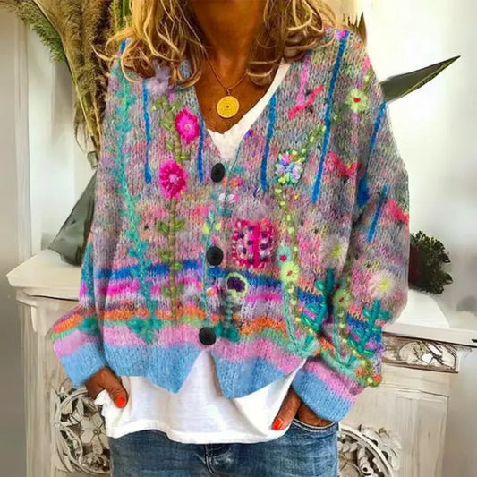 Women's Floral Pattern Button Cardigan Sweater