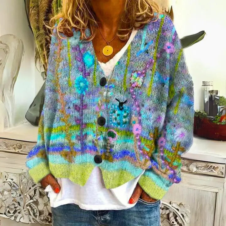 Women's Floral Pattern Button Cardigan Sweater
