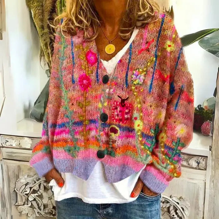 Women's Floral Pattern Button Cardigan Sweater