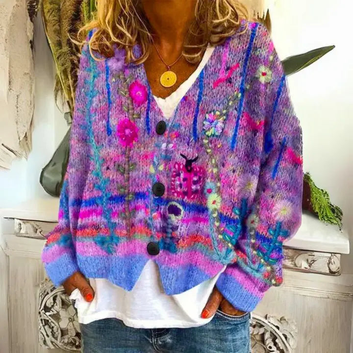 Women's Floral Pattern Button Cardigan Sweater