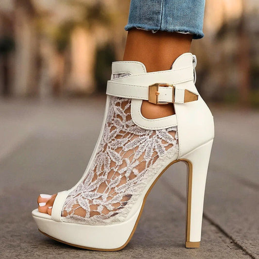 Women's Floral Peep-Toe Stiletto Ankle Strap Heels