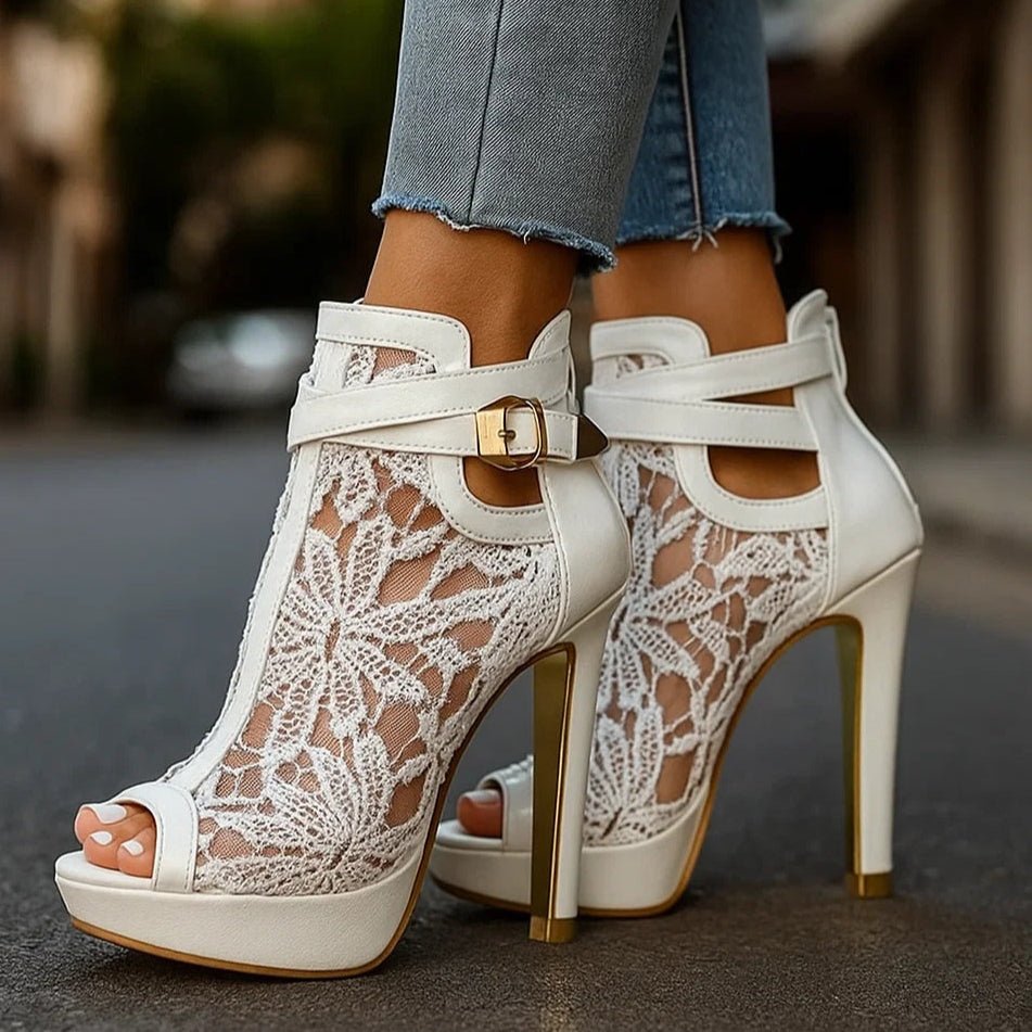 Women's Floral Peep-Toe Stiletto Ankle Strap Heels