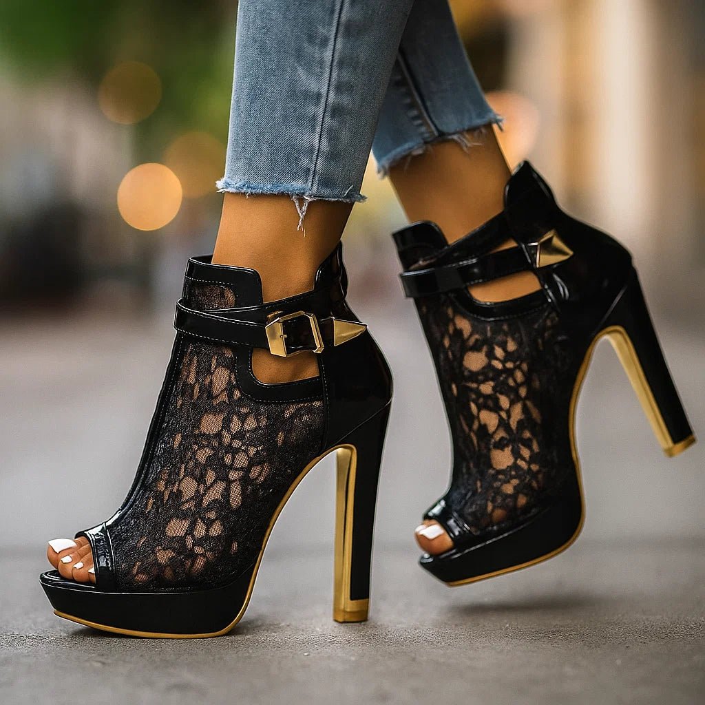 Women's Floral Peep-Toe Stiletto Ankle Strap Heels