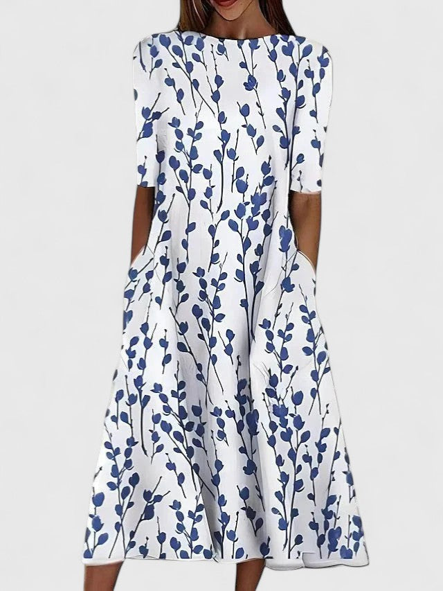 Women's Floral Round Neck Summer Dress - Comfortable Fit for Sunny Days