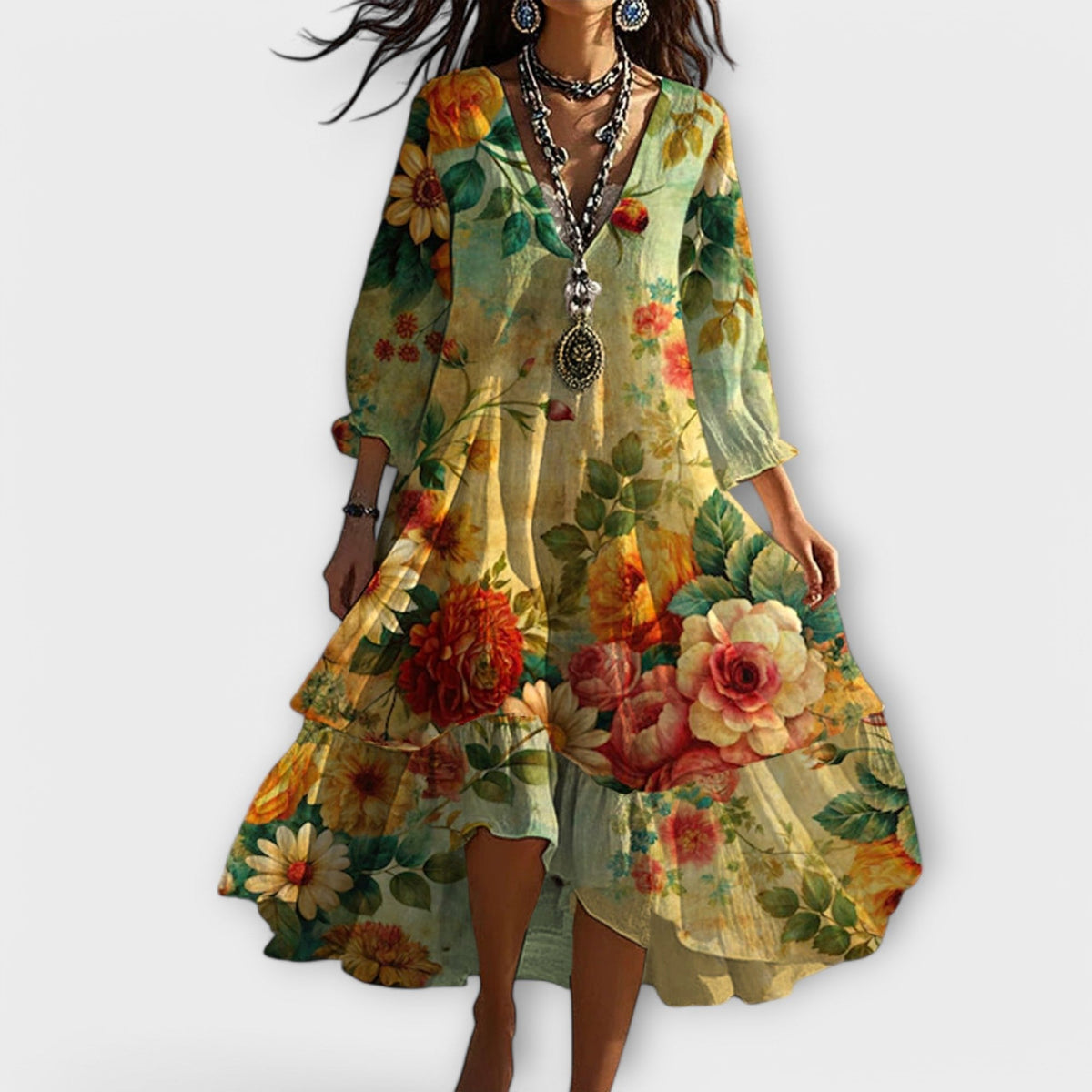 Women's Floral V-Neck 3/4 Sleeve Midi Dress with Tiered Hem