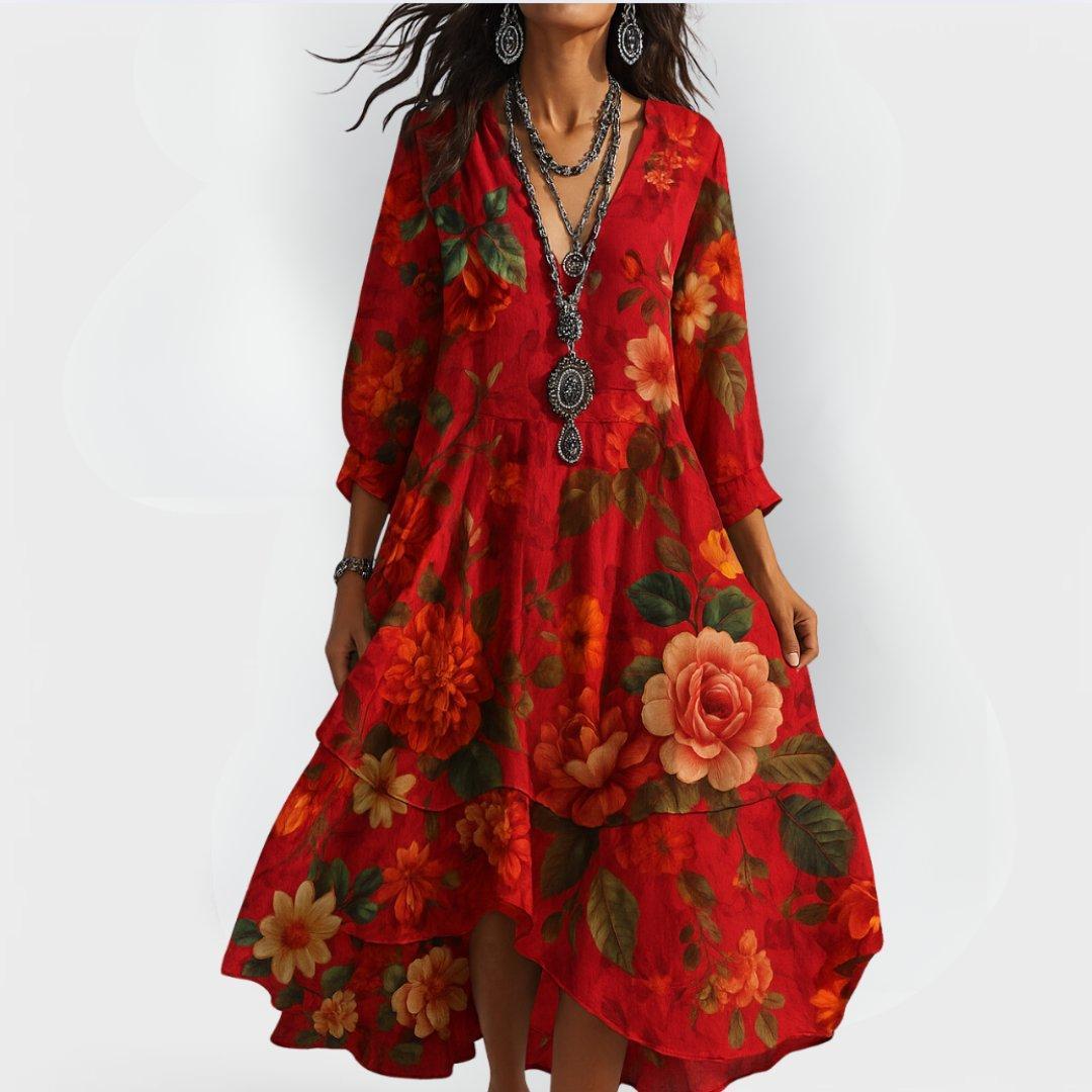 Women's Floral V-Neck 3/4 Sleeve Midi Dress with Tiered Hem