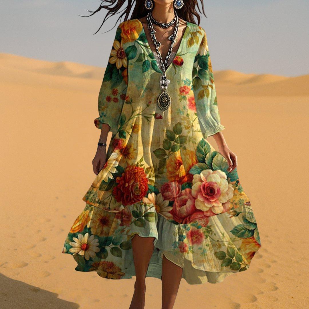 Women's Floral V-Neck 3/4 Sleeve Midi Dress with Tiered Hem