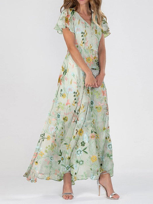 Women's Floral V-Neck Flutter-Sleeve Maxi Dress