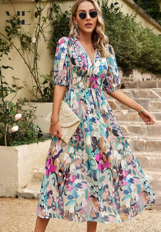 Women's Floral V-Neck Midi Wedding Guest Dress