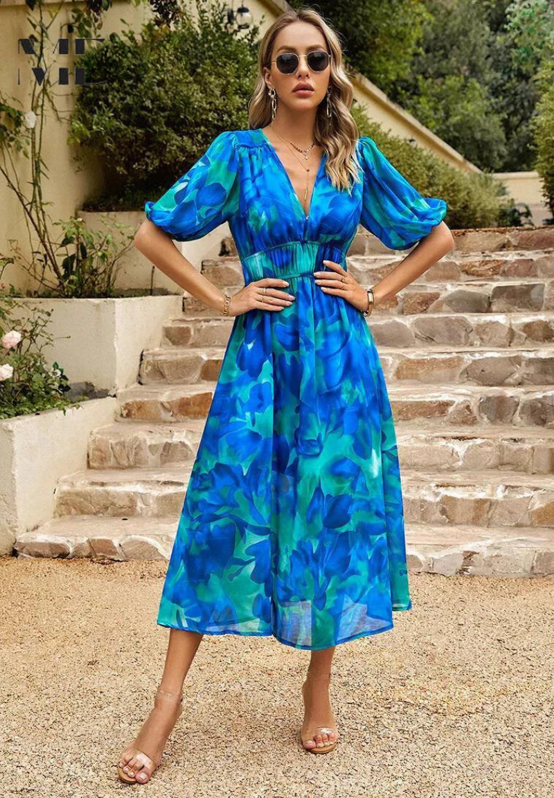 Women's Floral V-Neck Midi Wedding Guest Dress