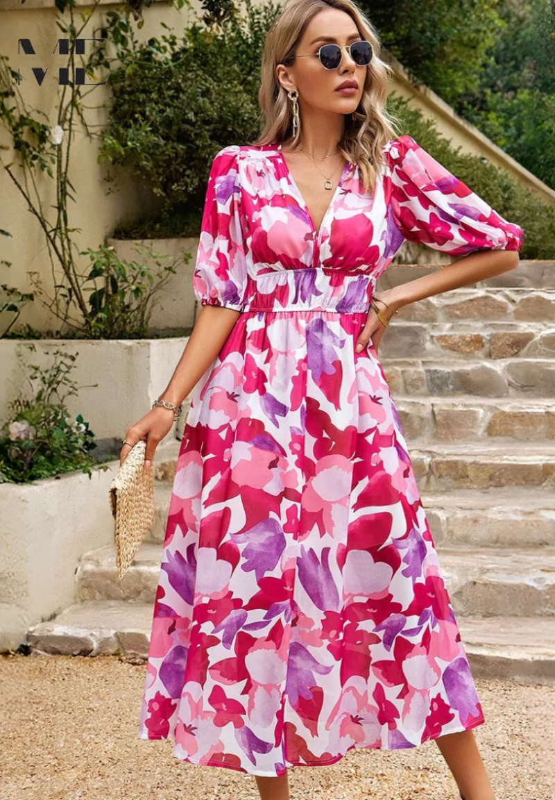 Women's Floral V-Neck Midi Wedding Guest Dress