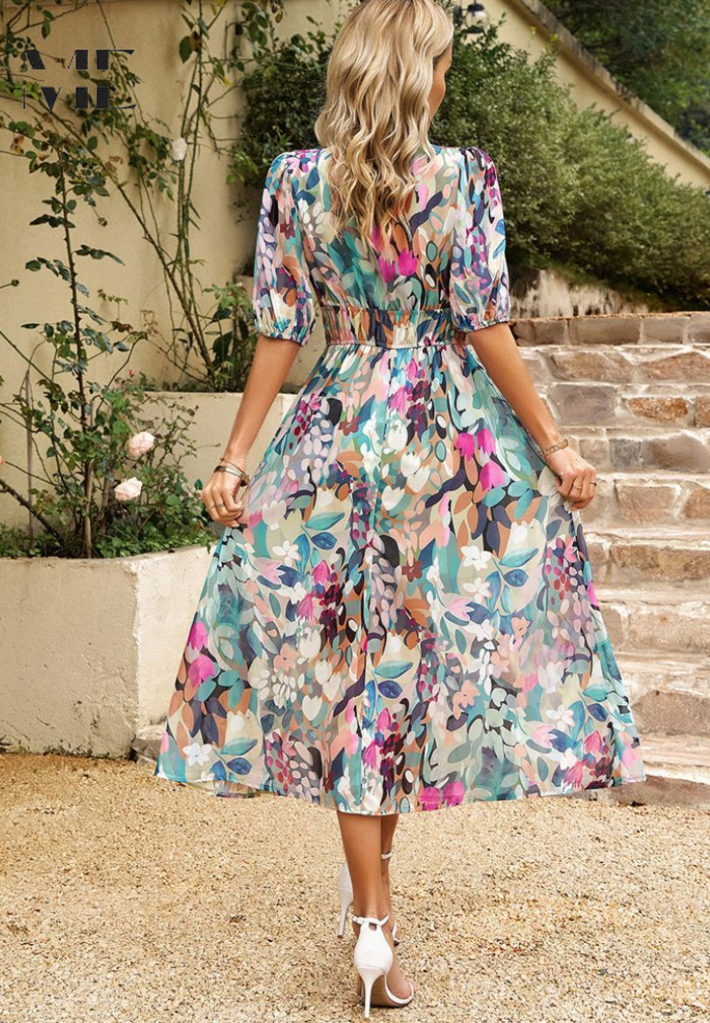 Women's Floral V-Neck Midi Wedding Guest Dress