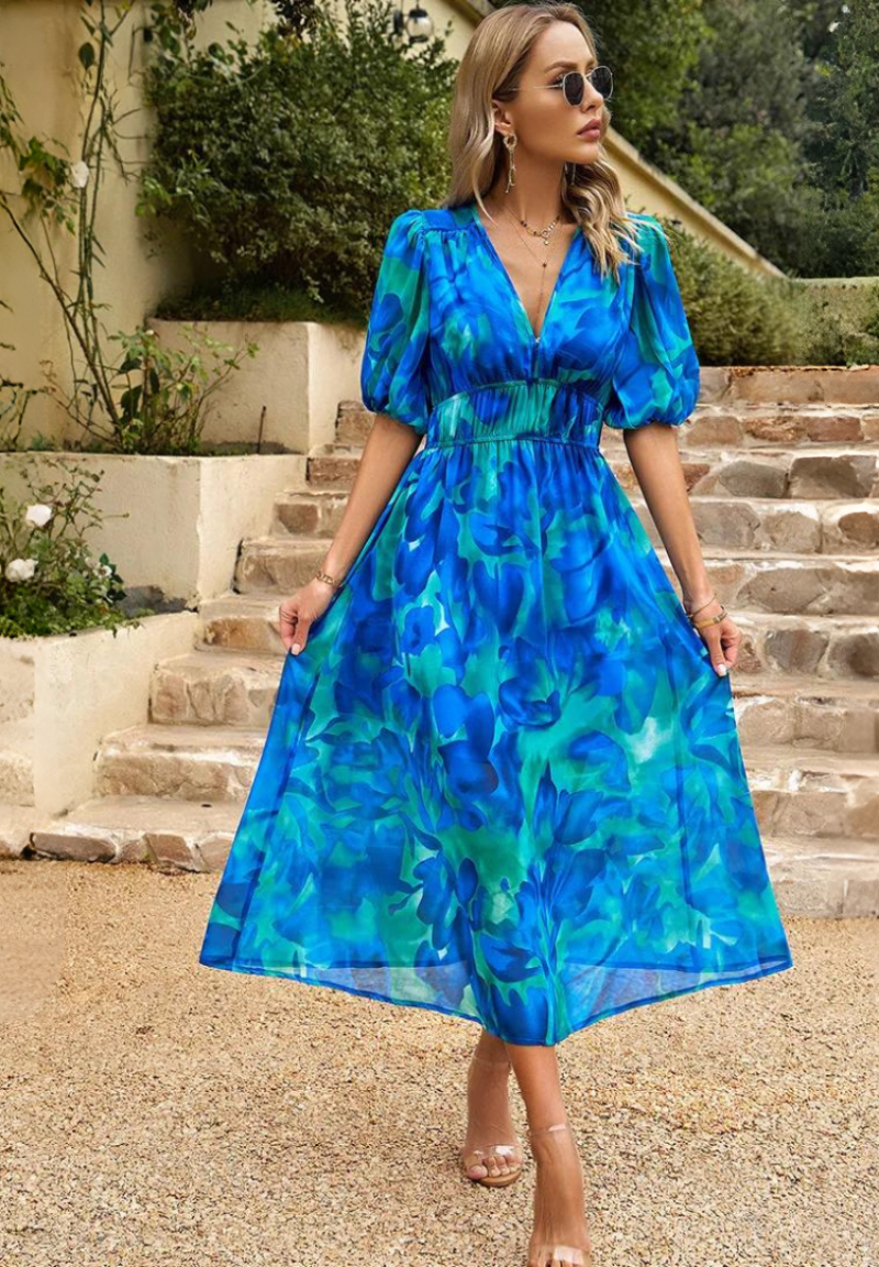 Women's Floral V-Neck Midi Wedding Guest Dress