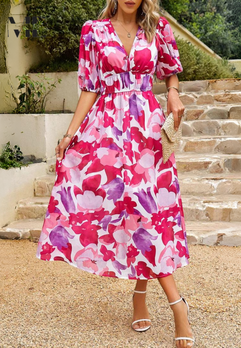 Women's Floral V-Neck Midi Wedding Guest Dress