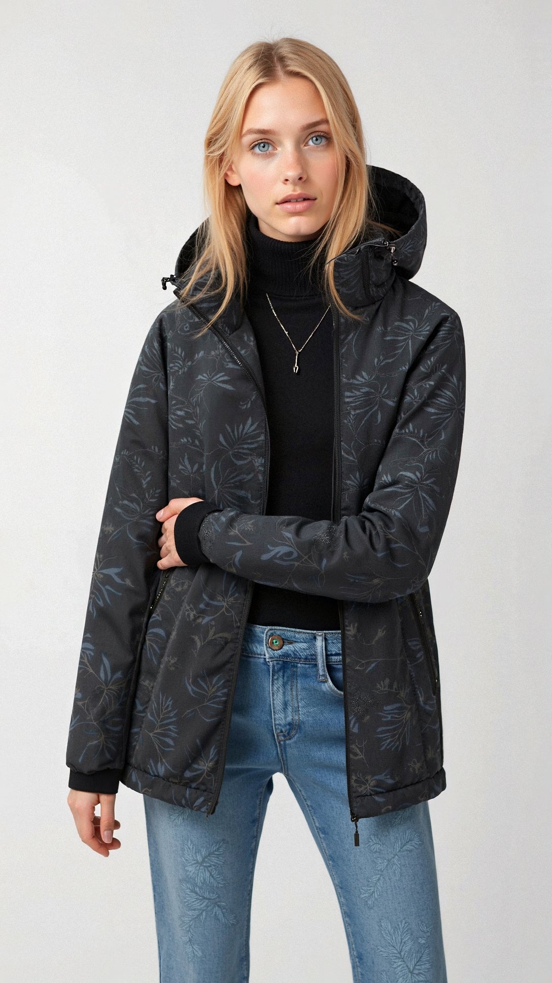 Women's Floral Zip-Up Hooded Jacket