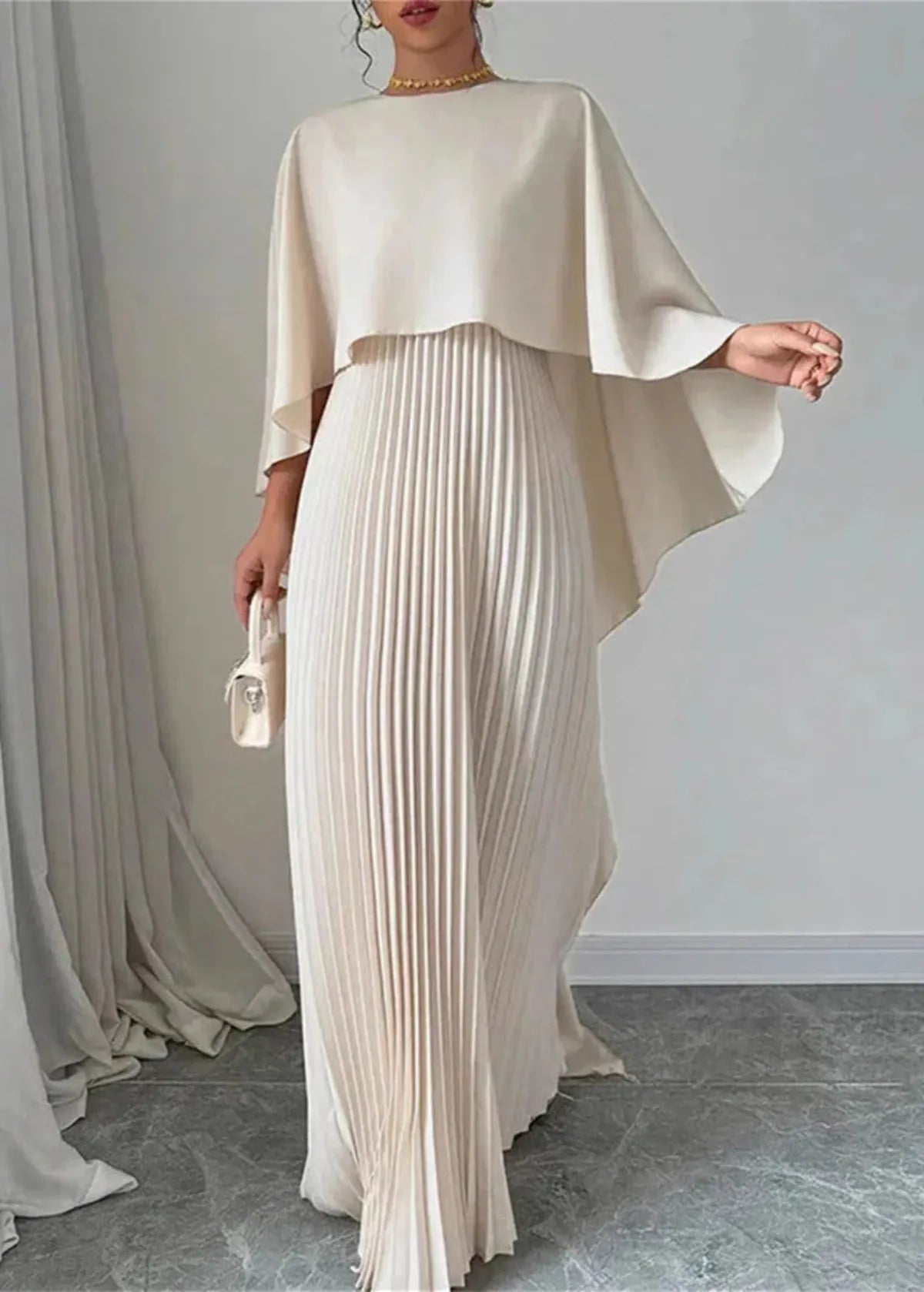 Women's Flowy Pleated Maxi Dress with Cape Overlay