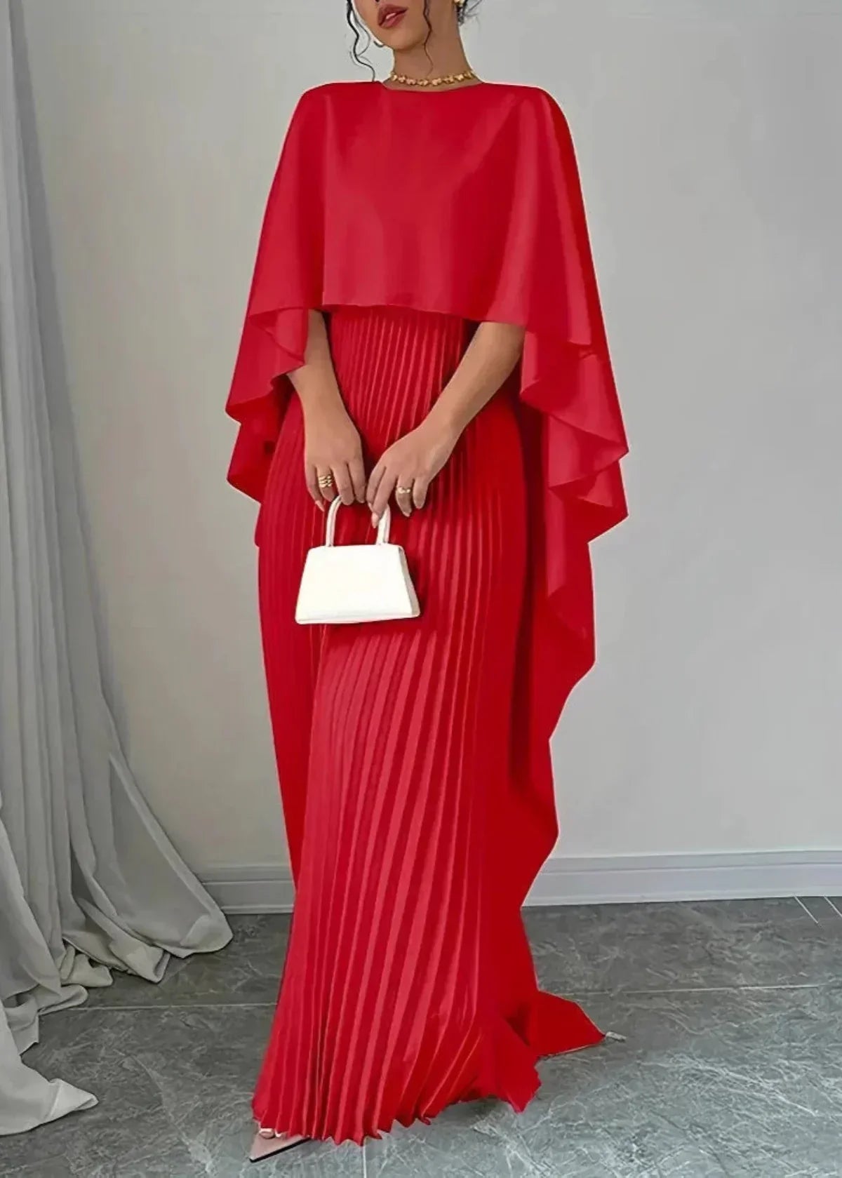 Women's Flowy Pleated Maxi Dress with Cape Overlay