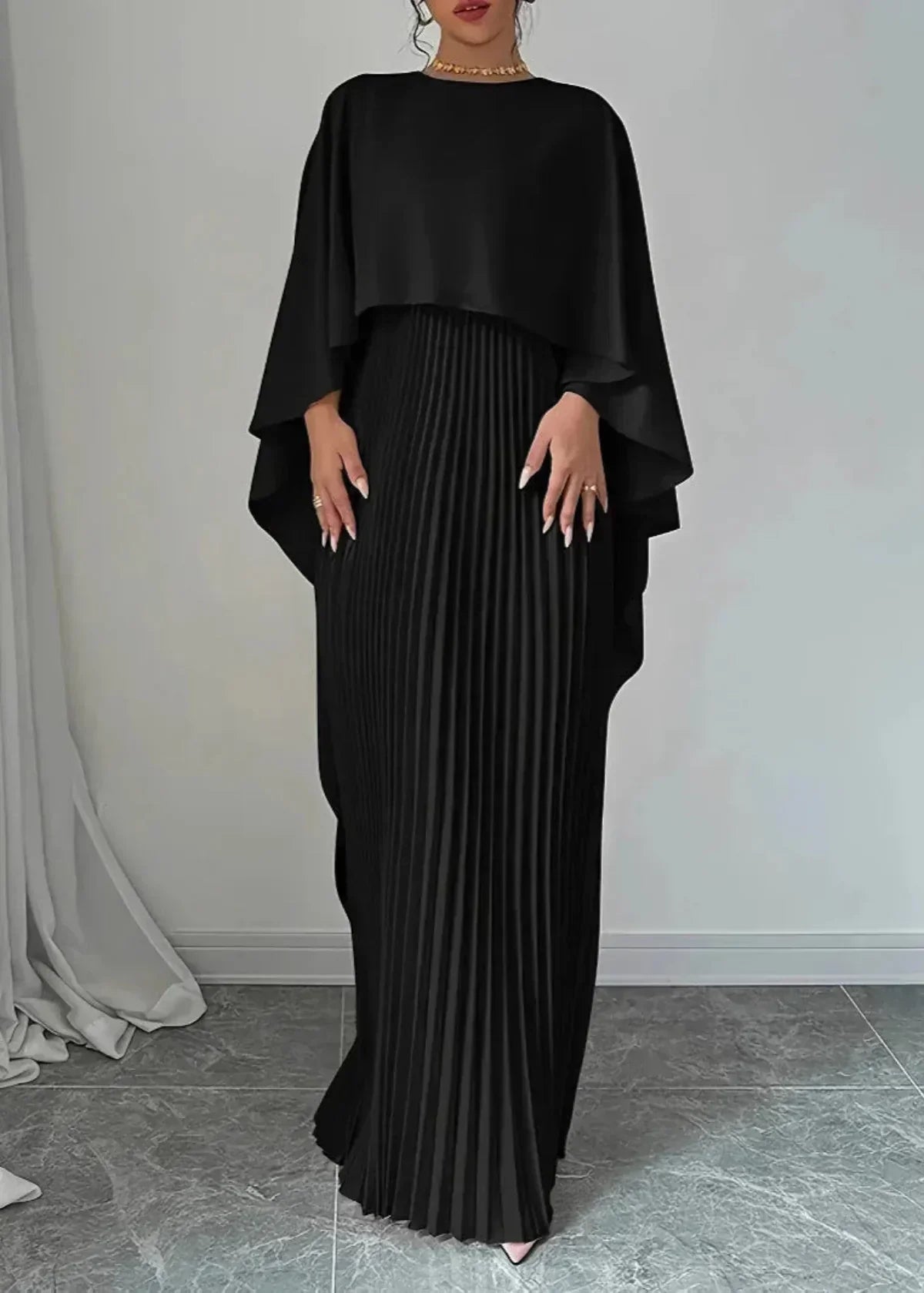 Women's Flowy Pleated Maxi Dress with Cape Overlay