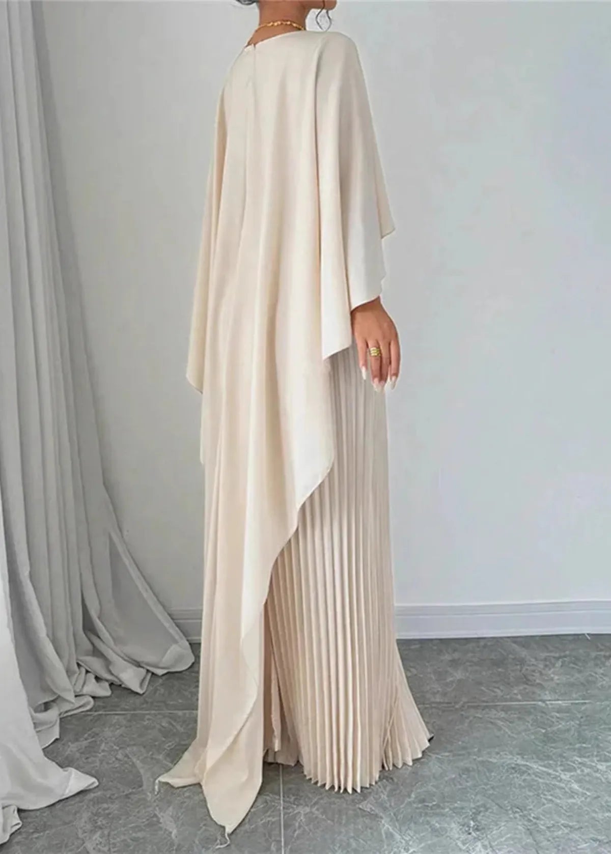 Women's Flowy Pleated Maxi Dress with Cape Overlay