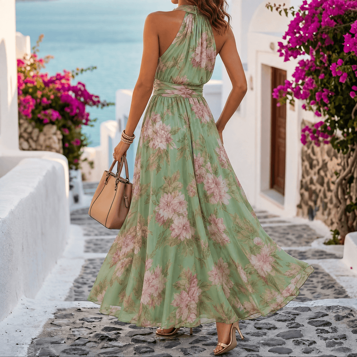 Women's Flowy Sage Floral Summer Maxi Dress