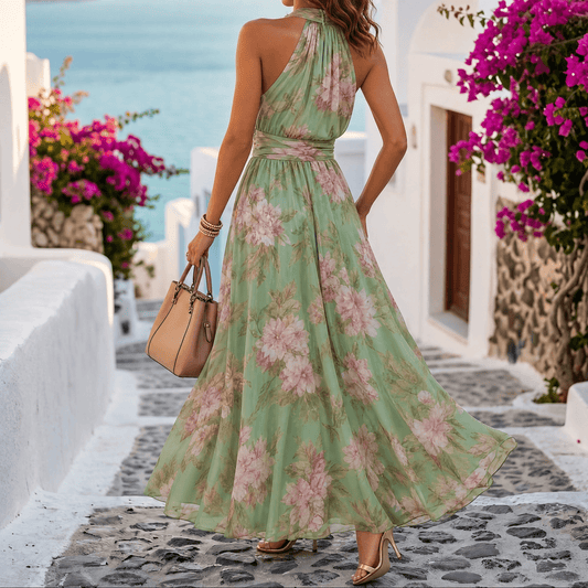 Women's Flowy Sage Floral Summer Maxi Dress