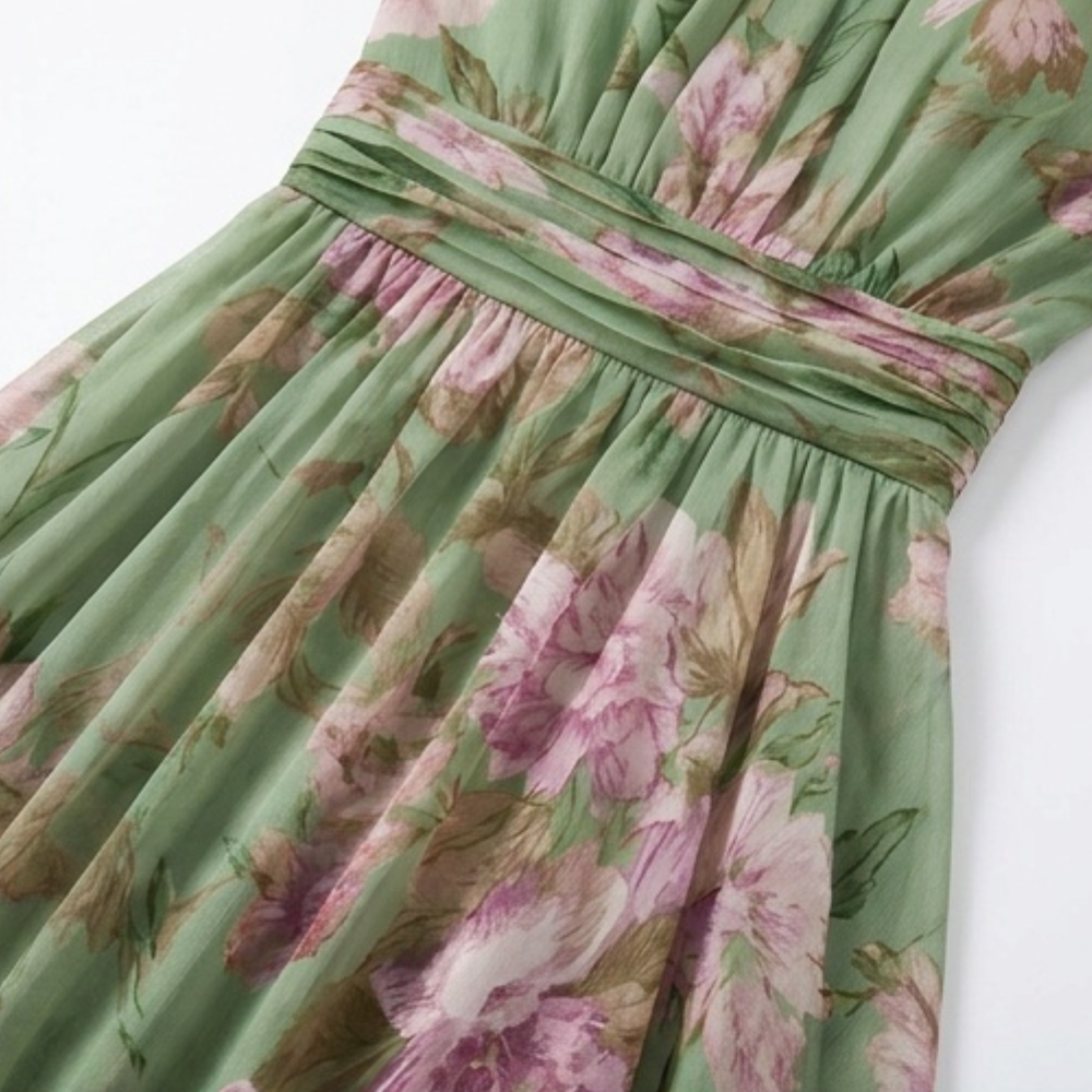 Women's Flowy Sage Floral Summer Maxi Dress