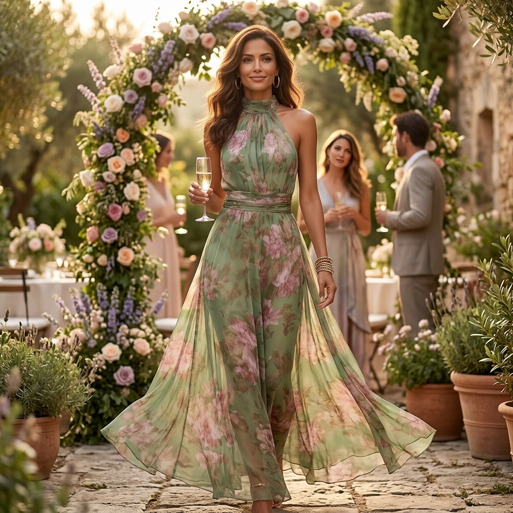 Women's Flowy Sage Floral Summer Maxi Dress
