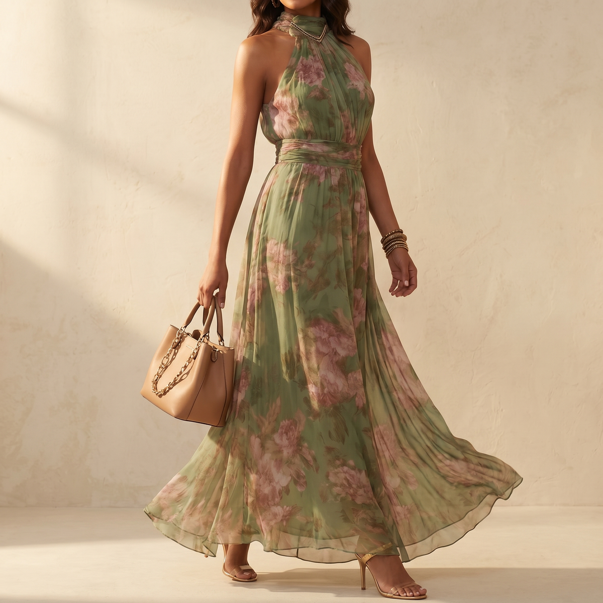 Women's Flowy Sage Floral Summer Maxi Dress