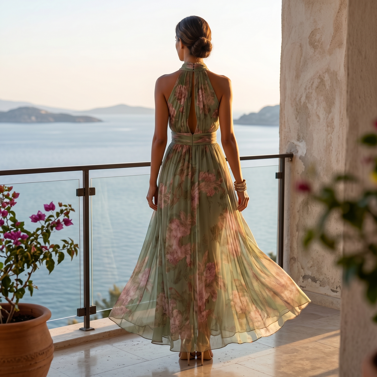 Women's Flowy Sage Floral Summer Maxi Dress