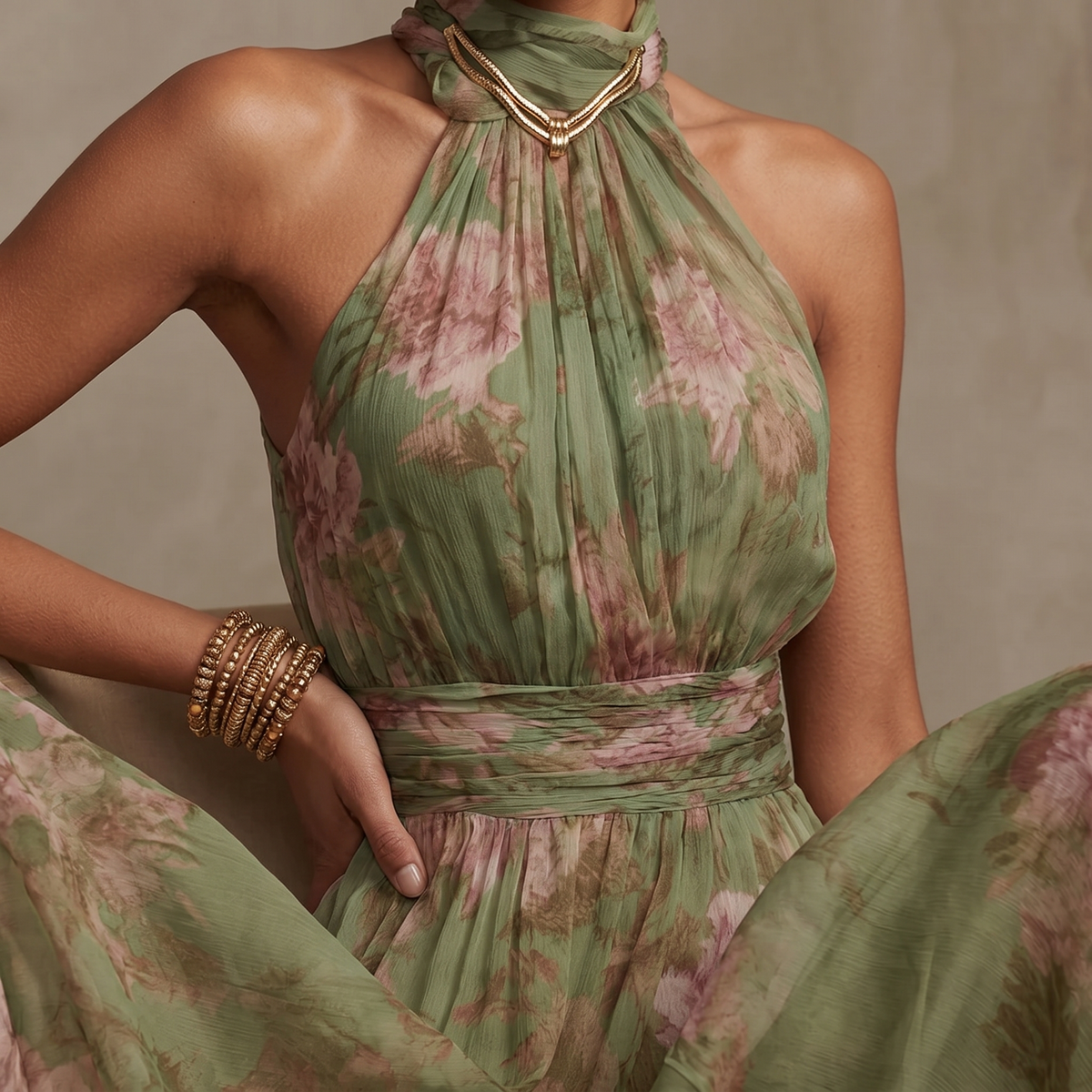 Women's Flowy Sage Floral Summer Maxi Dress