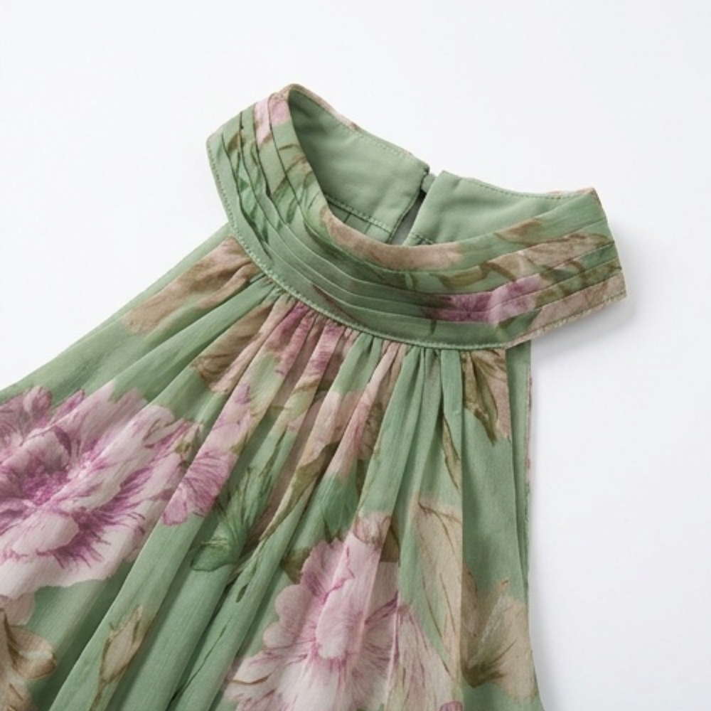 Women's Flowy Sage Floral Summer Maxi Dress