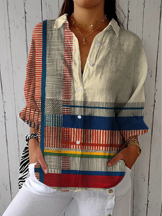 Women's Geometric Print Long-Sleeve Button-Up Blouse