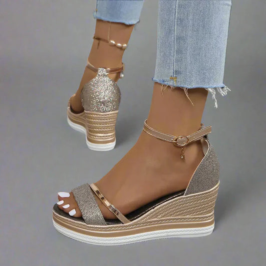 Women's Glitter Platform Wedge Sandals with Ankle Strap