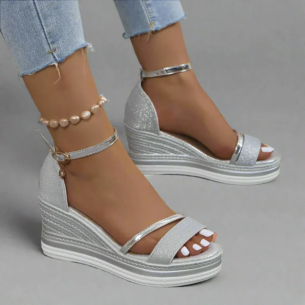 Women's Glitter Platform Wedge Sandals with Ankle Strap