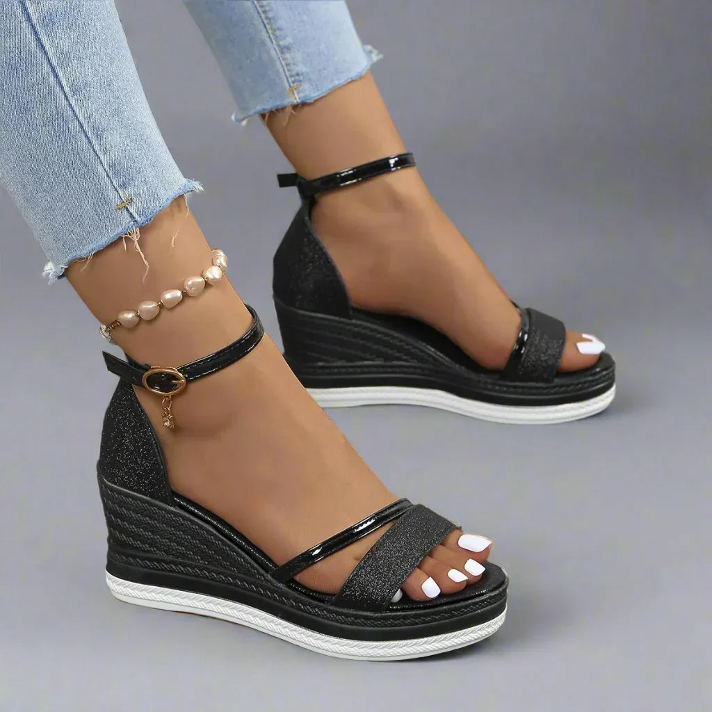 Women's Glitter Platform Wedge Sandals with Ankle Strap