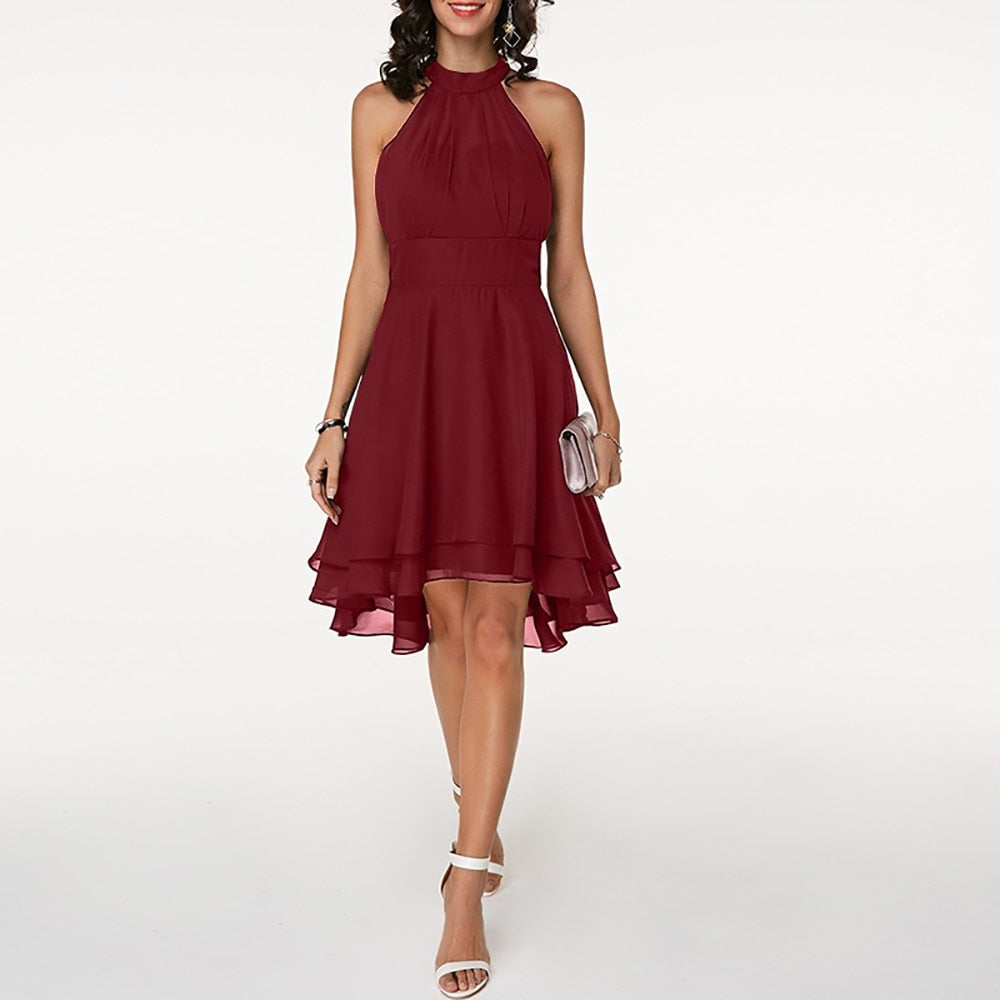 Women's Halter Neck Mini Dress with Layered Hem