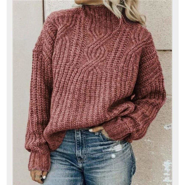 Women's High Neck Cable Pullover Sweater