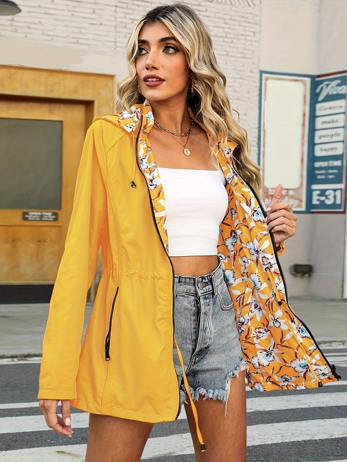 Women's Hooded Rain Jacket with Floral Lining