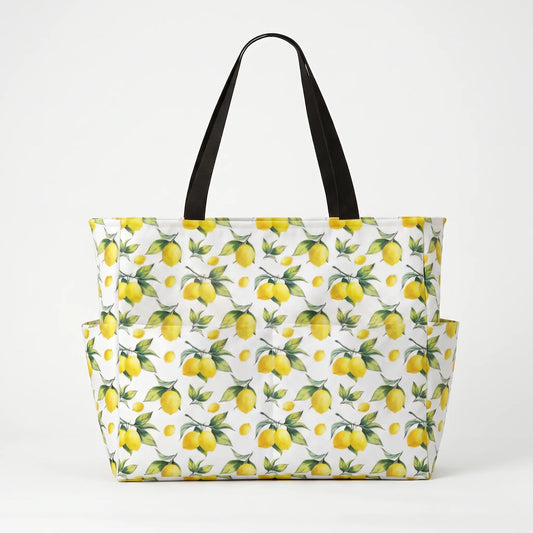 Women's Large Beach Tote Bag with Tropical Lemon Print