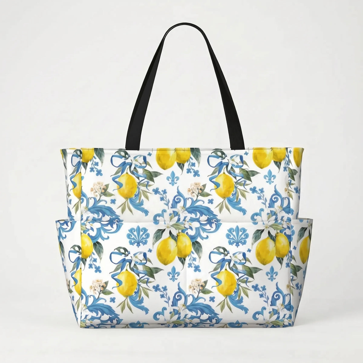 Women's Large Beach Tote Bag with Tropical Lemon Print